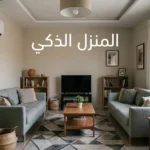 غرفة معيشة منزلية عادية مجهزة بأجهزة منزل ذكي اقتصادية مثل المقبس الذكي ووحدة التحكم بالأشعة تحت الحمراء مع عنوان المنزل الذكي.