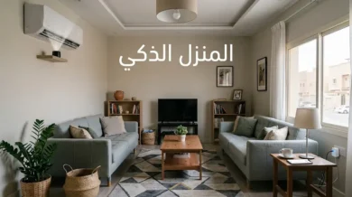 غرفة معيشة منزلية عادية مجهزة بأجهزة منزل ذكي اقتصادية مثل المقبس الذكي ووحدة التحكم بالأشعة تحت الحمراء مع عنوان المنزل الذكي.