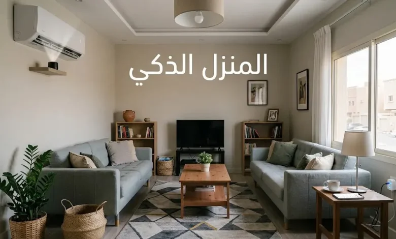 غرفة معيشة منزلية عادية مجهزة بأجهزة منزل ذكي اقتصادية مثل المقبس الذكي ووحدة التحكم بالأشعة تحت الحمراء مع عنوان المنزل الذكي.