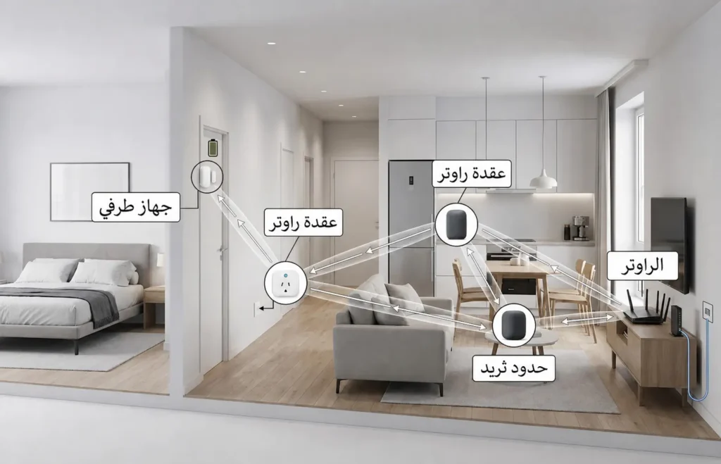 رسم ثلاثي الأبعاد يوضح بنية شبكة منزل ذكي شبكية تضم راوتر وعقد توجيه وجهازاً طرفياً وحدود ثريد.