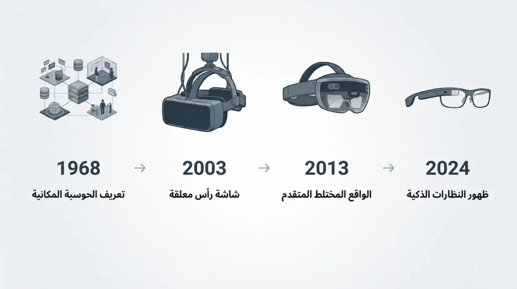 مخطط زمني يوضح المحطات الرئيسة في تطور الحوسبة المكانية من خوذة داموكليس إلى الأجهزة الحديثة.