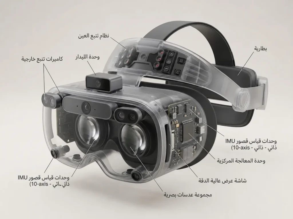 مقطع توضيحي في نظارة واقع مختلط يبيّن الكاميرات ووحدة LiDAR ومستشعرات IMU وشريحة المعالجة ونظام تتبع العين.