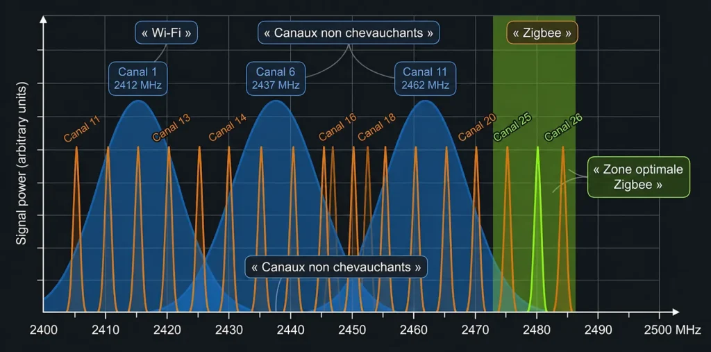 Diagramme du spectre 2,4 GHz montrant la superposition des canaux Wi-Fi 802.11 et Zigbee IEEE 802.15.4 avec identification des zones de coexistence optimale.