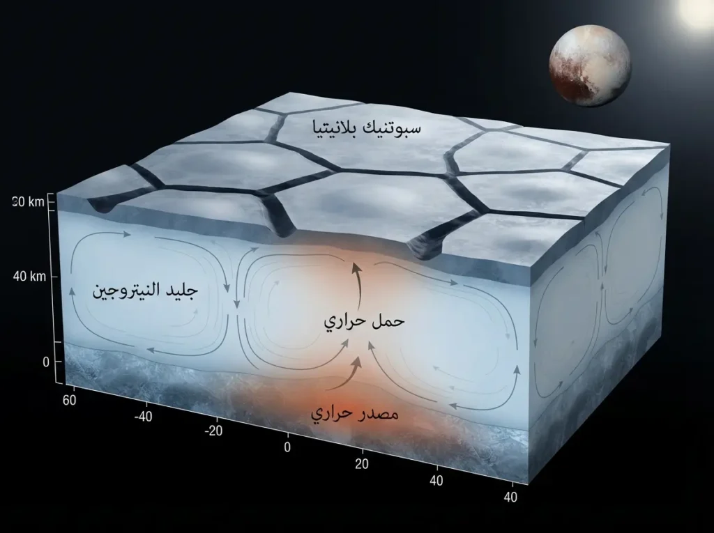 رسم علمي مقطعي يوضح حمل الحرارة في جليد النيتروجين تحت سبوتنيك بلانيتيا على بلوتو