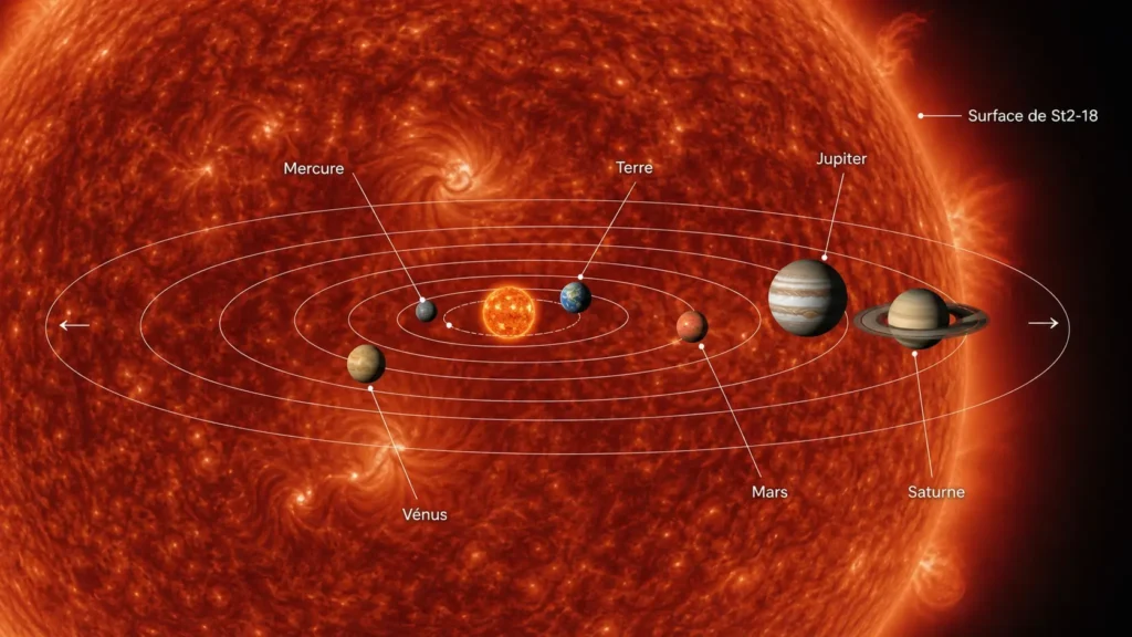  Diagramme astronomique comparatif montrant les orbites planétaires du système solaire entièrement englouties dans le rayon de Stephenson 2-18.