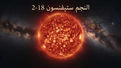 صورة غلاف علمية للنجم ستيفنسون 2-18 بوصفه عملاقاً أحمر فائقاً ذا سطح متوهج وخلفية مجرية مغبرة.
