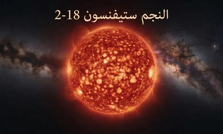 صورة غلاف علمية للنجم ستيفنسون 2-18 بوصفه عملاقاً أحمر فائقاً ذا سطح متوهج وخلفية مجرية مغبرة.