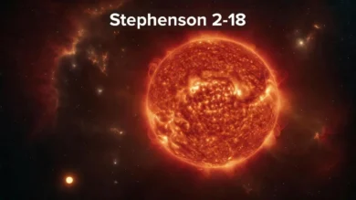 Illustration réaliste de Stephenson 2-18, l'hypergéante rouge la plus grande connue de l'univers, comparée au Soleil en taille.