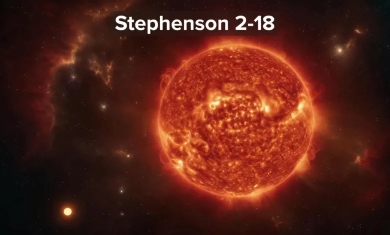 Illustration réaliste de Stephenson 2-18, l'hypergéante rouge la plus grande connue de l'univers, comparée au Soleil en taille.