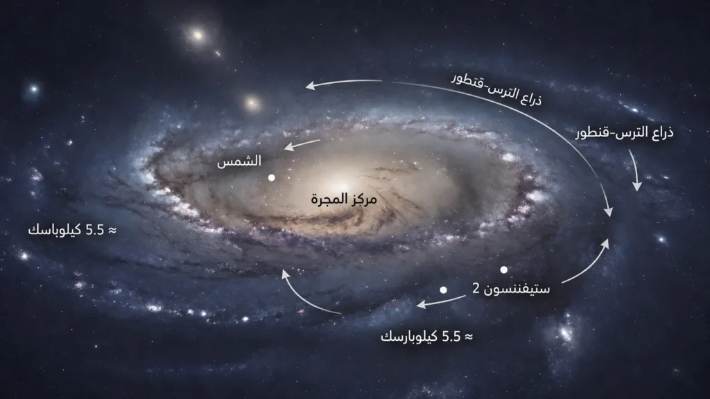 خريطة علمية لمجرة درب التبانة تُظهر موقع الشمس وذراع الترس-قنطور وموضع العنقود ستيفنسون 2 بالنسبة لمركز المجرة.
