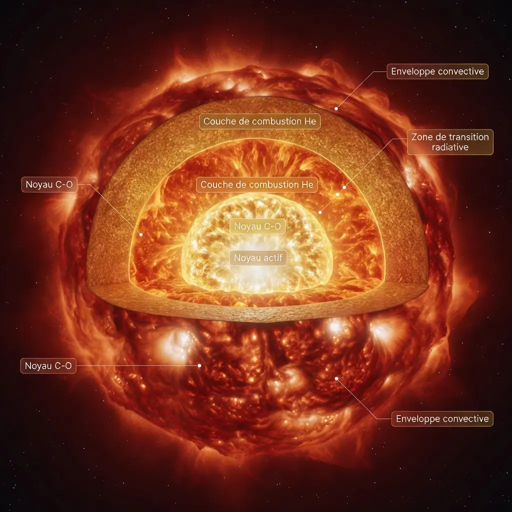  Coupe transversale 3D de la structure interne d'une hypergéante rouge montrant les couches convectives, les zones de combustion nucléaire et le noyau actif.