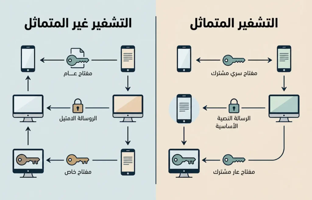 إنفوغراف يشرح الفرق بين التشفير المتماثل وغير المتماثل ومواقع استخدام المفاتيح في كل منهما.