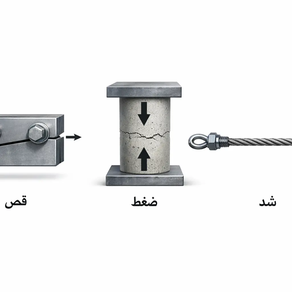 رسم هندسي يوضح الفرق بين إجهاد الشد وإجهاد الضغط وإجهاد القص في عناصر إنشائية مختلفة.