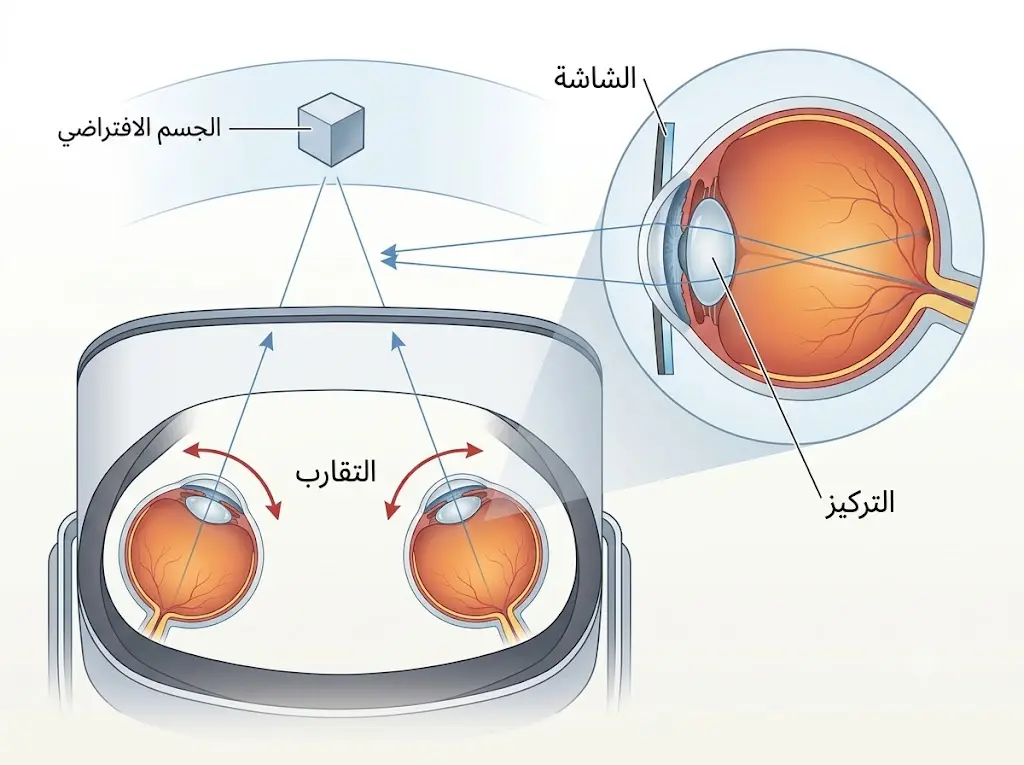 رسم يوضح كيف تتقارب العينان نحو جسم افتراضي بينما يبقى التركيز على الشاشة القريبة داخل النظارة