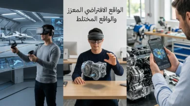 صورة غلاف تقارن بصرياً بين الواقع الافتراضي والواقع المعزز والواقع المختلط ضمن مشهد تقني واحد نظيف.