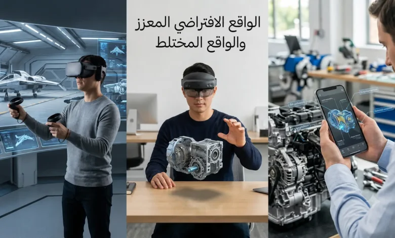 صورة غلاف تقارن بصرياً بين الواقع الافتراضي والواقع المعزز والواقع المختلط ضمن مشهد تقني واحد نظيف.