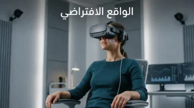 مستخدم يرتدي نظارة واقع افتراضي في مشهد واقعي نظيف مع عنوان الواقع الافتراضي أعلى الصورة