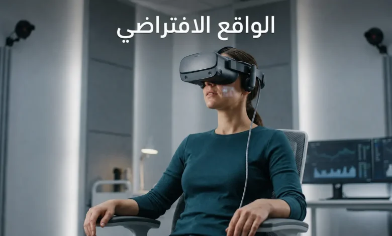 مستخدم يرتدي نظارة واقع افتراضي في مشهد واقعي نظيف مع عنوان الواقع الافتراضي أعلى الصورة