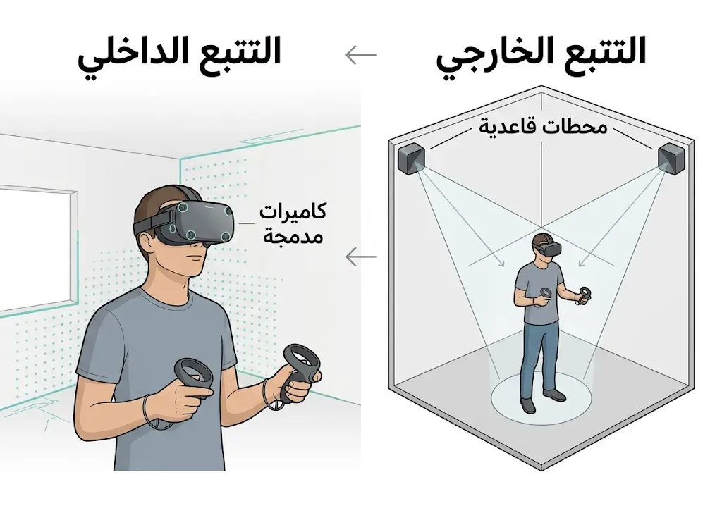 إنفوغرافيك علمي يقارن بين التتبع الخارجي والتتبع الداخلي في نظارات الواقع الافتراضي