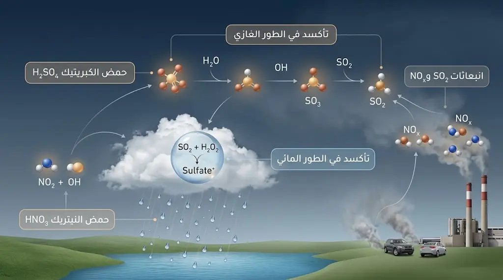 مخطط علمي يوضح مسارات تكوّن الأمطار الحمضية في الغلاف الجوي عبر تفاعلات SO2 وNOx