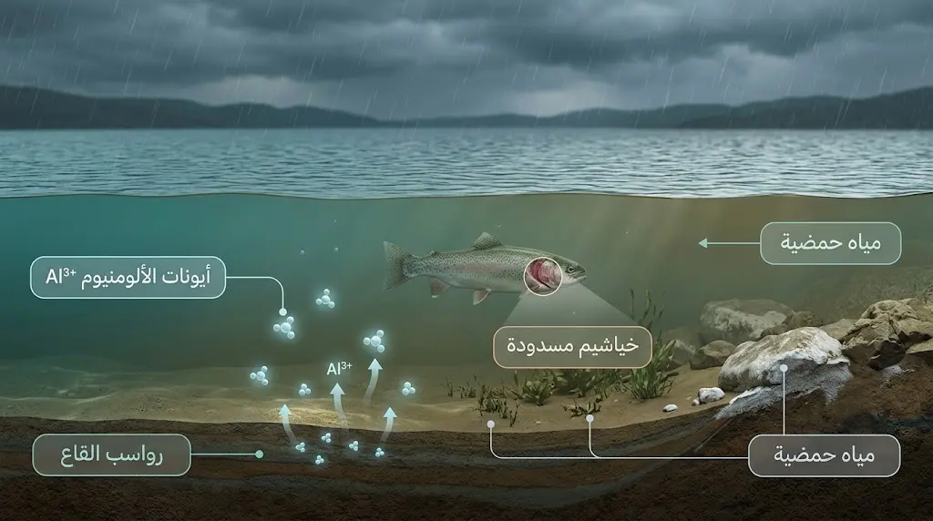 مقطع عرضي لبحيرة متحمّضة يوضح تحرر أيونات الألومنيوم من الرواسب وتأثيرها على خياشيم الأسماك