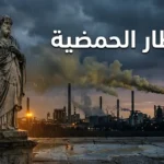 غلاف مقال الأمطار الحمضية — تمثال حجري يتآكل تحت المطر أمام مداخن صناعية