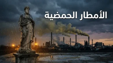 غلاف مقال الأمطار الحمضية — تمثال حجري يتآكل تحت المطر أمام مداخن صناعية