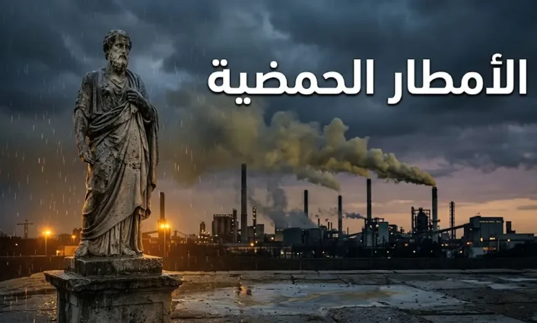 غلاف مقال الأمطار الحمضية — تمثال حجري يتآكل تحت المطر أمام مداخن صناعية