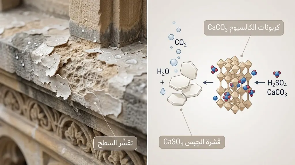 مقارنة بين تآكل الحجر الجيري بفعل الأمطار الحمضية وتفاعله الكيميائي مع حمض الكبريتيك لإنتاج الجبس