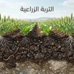 مقطع واقعي عالي الدقة لتربة زراعية حيّة تحت نباتات نامية، يُظهر الطبقة السطحية الغنية بالجذور والمسام والمادة العضوية.