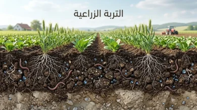 مقطع واقعي عالي الدقة لتربة زراعية حيّة تحت نباتات نامية، يُظهر الطبقة السطحية الغنية بالجذور والمسام والمادة العضوية.