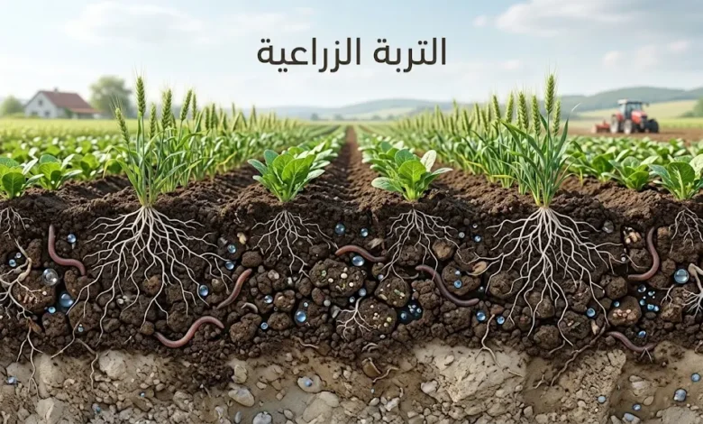 مقطع واقعي عالي الدقة لتربة زراعية حيّة تحت نباتات نامية، يُظهر الطبقة السطحية الغنية بالجذور والمسام والمادة العضوية.