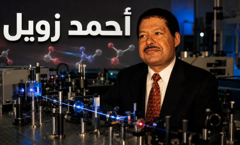 صورة غلاف تُظهر أحمد زويل داخل مختبر ليزر فائق السرعة مع إيحاء بصري دقيق لحركة الذرات أثناء التفاعل الكيميائي.