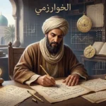 تصوير تاريخي محترم للخوارزمي في بيئة علمية عباسية مع مخطوطات وأداة أسطرلاب يعبّر عن تأسيس الجبر وأصل الخوارزميات.