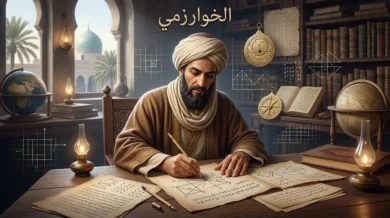 تصوير تاريخي محترم للخوارزمي في بيئة علمية عباسية مع مخطوطات وأداة أسطرلاب يعبّر عن تأسيس الجبر وأصل الخوارزميات.