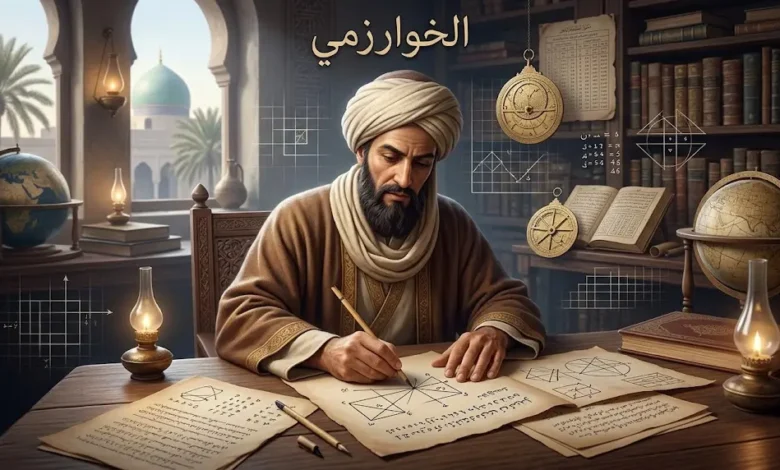 تصوير تاريخي محترم للخوارزمي في بيئة علمية عباسية مع مخطوطات وأداة أسطرلاب يعبّر عن تأسيس الجبر وأصل الخوارزميات.
