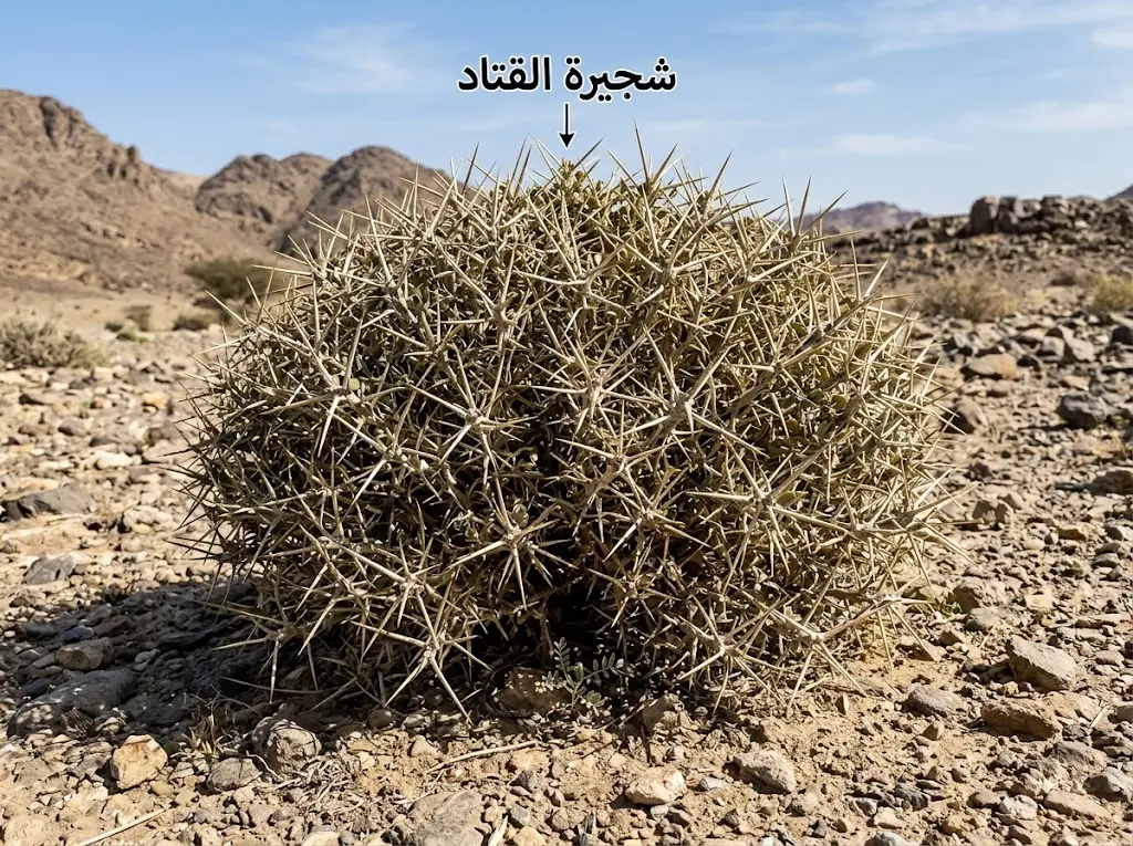 صورة واقعية لشجيرة القتاد الكروية الشوكية في بيئة حجرية جافة