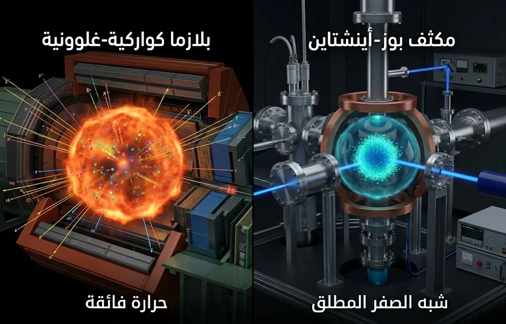 مقارنة بصرية بين مكثف بوز-أينشتاين شديد البرودة والبلازما الكواركية-الغلوونية فائقة الحرارة