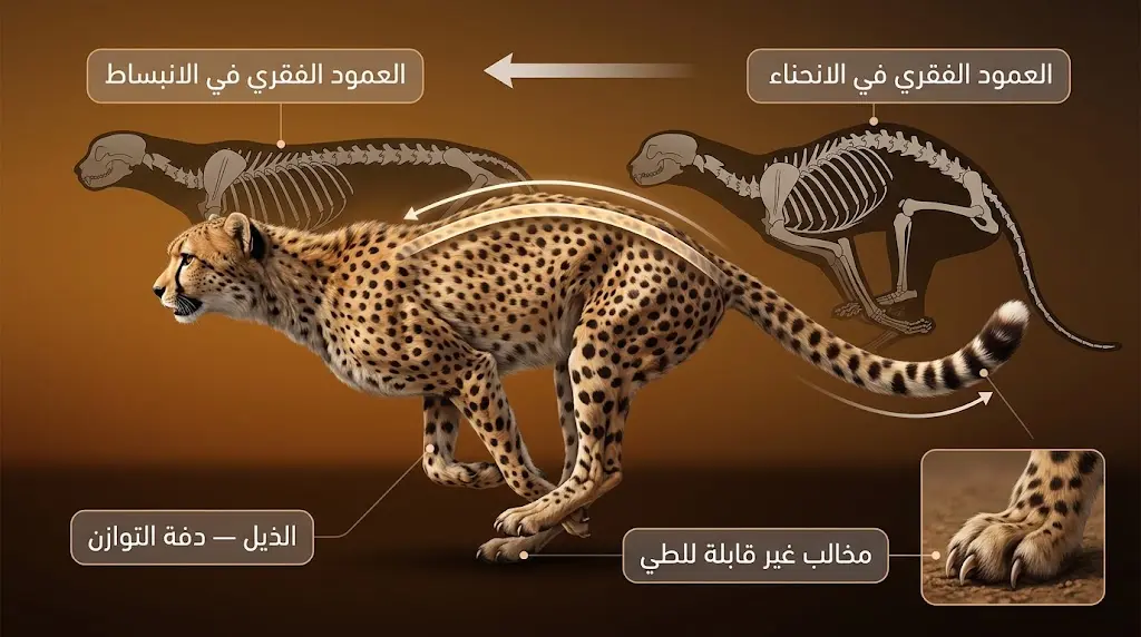 رسم علمي تشريحي يقارن حالتَي انحناء العمود الفقري للفهد في أثناء الركض مع إبراز المخالب والذيل