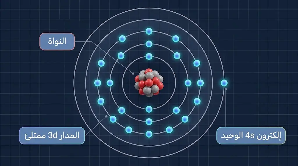 رسم توضيحي ثلاثي الأبعاد للتوزيع الإلكتروني الشاذ لذرة النحاس