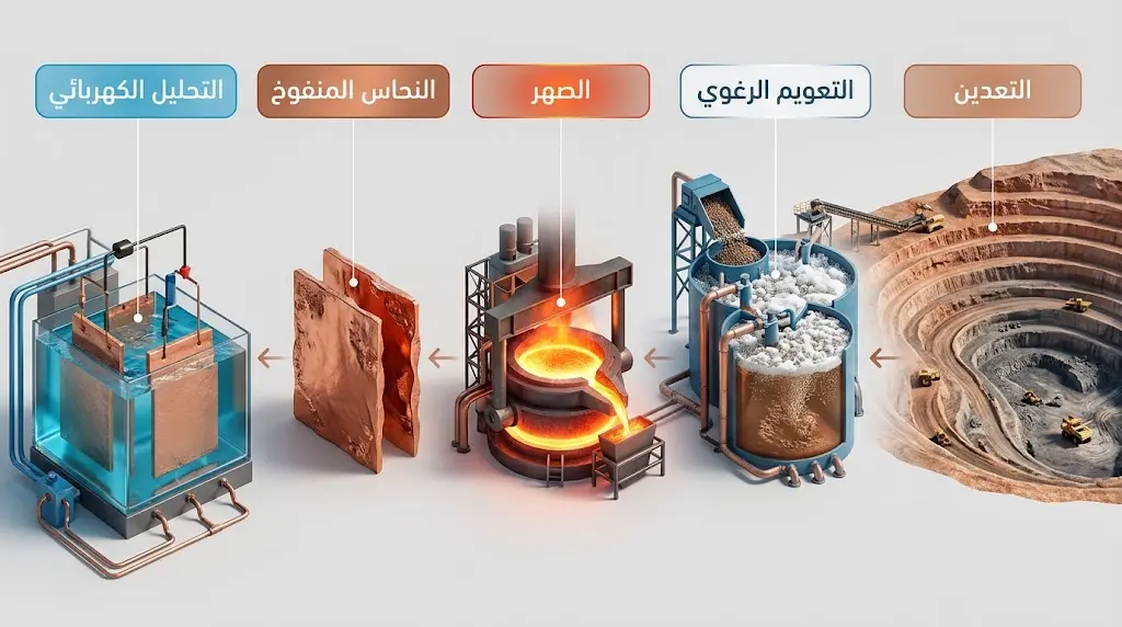 رسم توضيحي لمراحل استخراج وتنقية النحاس من التعدين إلى التحليل الكهربائي