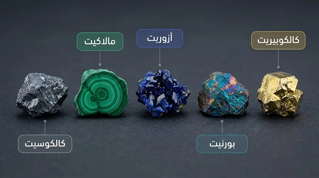 مجموعة من خامات النحاس الطبيعية بألوانها المميزة