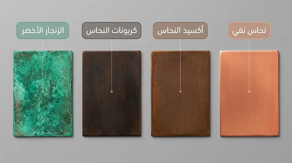 المراحل الأربع لتحول لون النحاس من الأحمر إلى الأخضر عبر الزمن