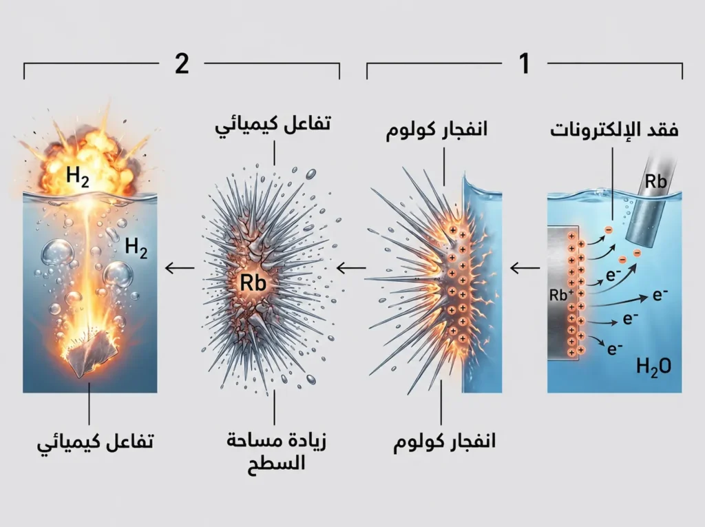 إنفوغراف علمي يوضح كيف يسبق انفجار كولوم التفاعل الكيميائي في تفاعل الروبيديوم مع الماء