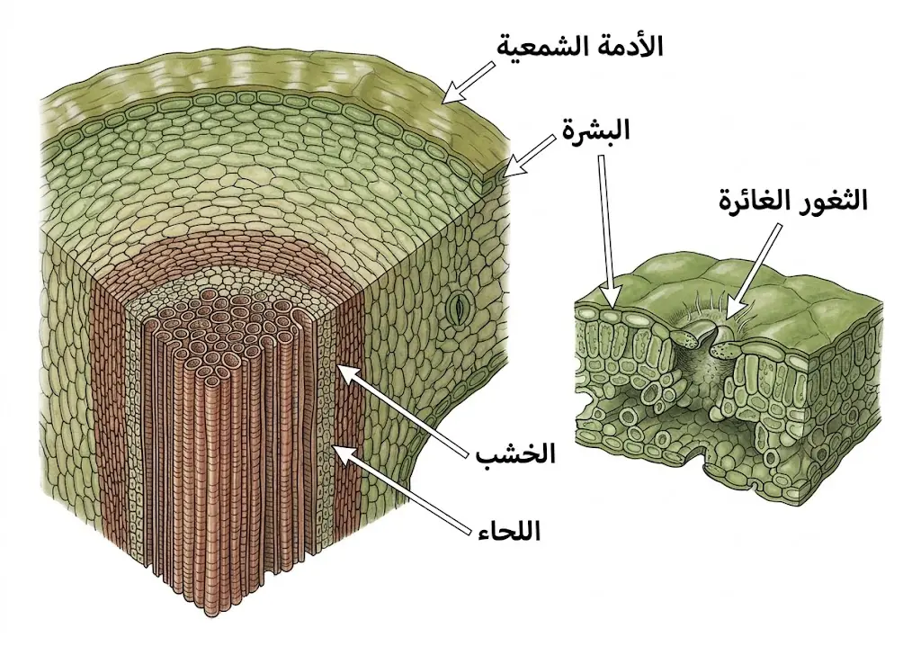 رسم علمي يوضح مقطعاً في ساق وورقة شجيرة صحراوية مع البشرة السميكة والأدمة الشمعية والثغور الغائرة.