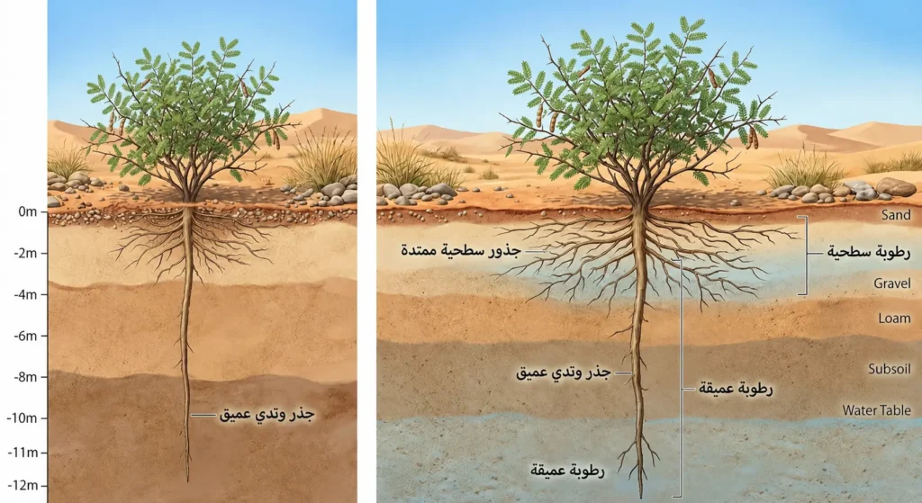 رسم مقطعي لشجيرة صحراوية يوضح جذراً وتدياً عميقاً وجذوراً سطحية ممتدة لالتقاط الماء