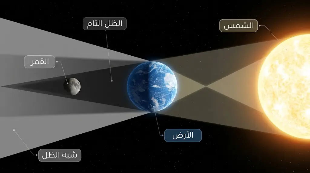 رسم علمي ثلاثي الأبعاد يوضح مخروط الظل التام وشبه الظل خلف الأرض ومسار القمر عبرهما