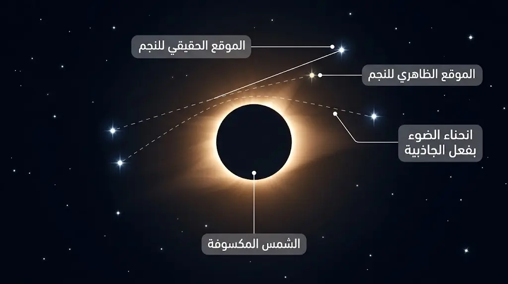 رسم علمي لتجربة إدينغتون 1919 التي أثبتت انحناء ضوء النجوم بفعل جاذبية الشمس