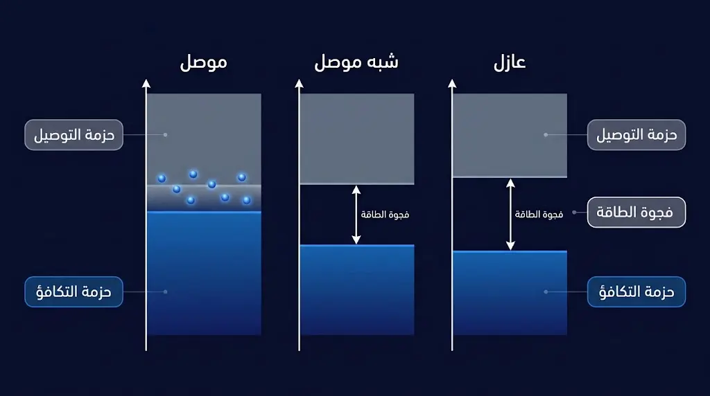 مخطط علمي ثلاثي الأبعاد يقارن بنية حزم الطاقة في الموصل وشبه الموصل والعازل