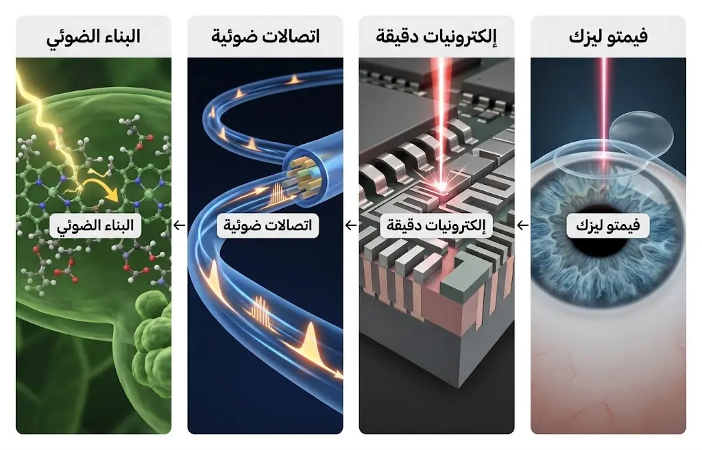 إنفوغراف علمي يوضح تطبيقات الفيمتو ثانية في جراحة العيون والإلكترونيات الدقيقة والاتصالات الضوئية ودراسة البناء الضوئي.